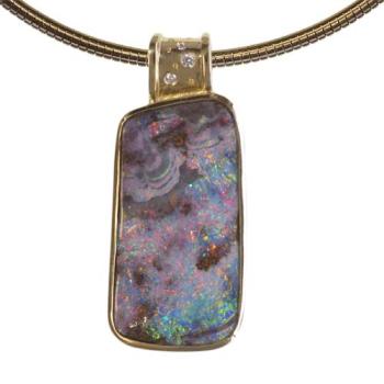 Colorful Australian Boulder Opal in 18K Yellow Gold Pendant with Diamonds