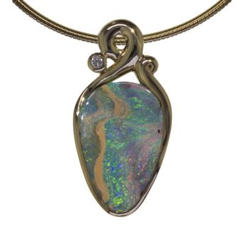 18K Yellow Gold Pendant with Colorful Australian Boulder Opal and Diamond