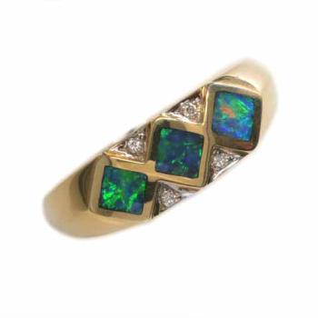 Ring with Blue-Green Opal Inlay and Diamonds in 14k/585 Yellow Gold