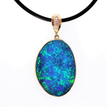 Lively Blue-Green Opal Doublet in 14k Yellow Gold with Diamonds