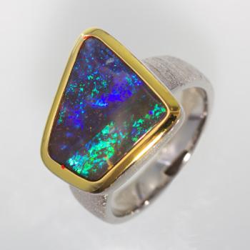 Blue-Green Australian Boulder Opal in Silver Ring