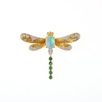 Dragonfly Pendant with Crystal Opal, Diamonds, and Green Garnet