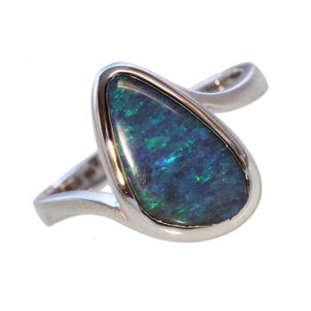 Blau-Grüner Boulderopal in Schlichter 750er Weißgold-Ring