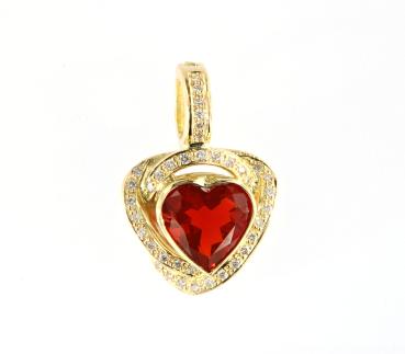 18k Yellow Gold Pendant with Heart-Shaped Mexican Fire Opal and Diamonds