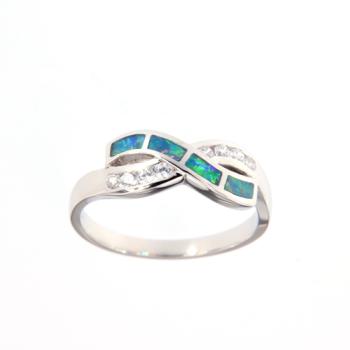 Silver Ring with Blue-Green Opal Inlay and Cubic Zirconia