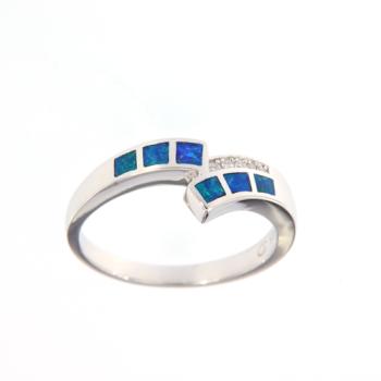 Silver Chevron ring with blue-green opal inlay and zirconia