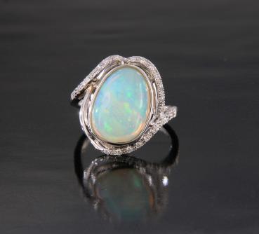 Delicate Ring with Crystal Opal and Diamonds in 18k White Gold