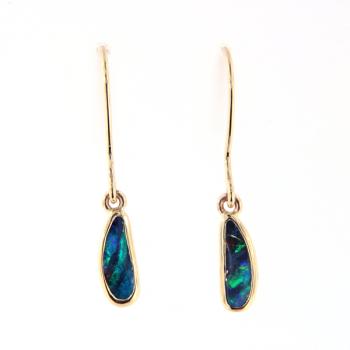 Delicate Blue-Green Boulder Opal Drop Earrings in 18k Yellow Gold