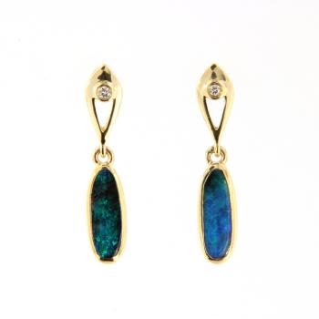 Ohrhänger mit blauen Boulderopalen und Brillanten in 750er Gelbgold