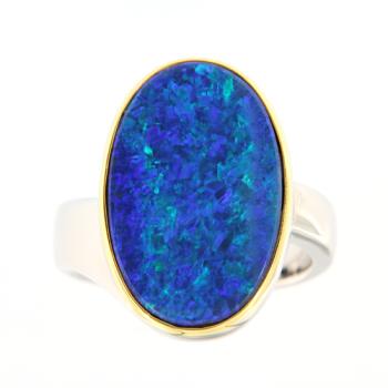 Large Oval Opal Doublet Ring with Dark Blue Play of Color