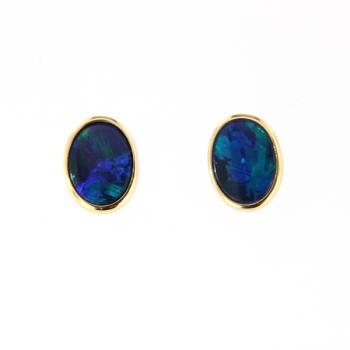 8x6mm Blau-Grüne Opaldubletten in 750er Gelbgold Ohrsteckern