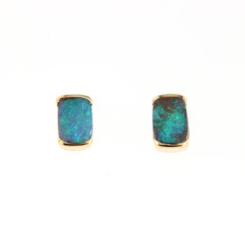 Blue-Green Boulder Opal Stud Earrings in 18k Yellow Gold