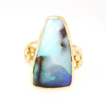 Colorful Boulder Opal in 18k/750 Yellow Gold Ring with Diamonds