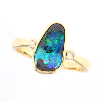 Bright Blue-Green Boulder Opal with Diamonds in 18k Yellow Gold Ring