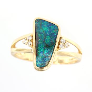 Blue-Green Boulder Opal and Diamonds in 18k Yellow Gold Ring
