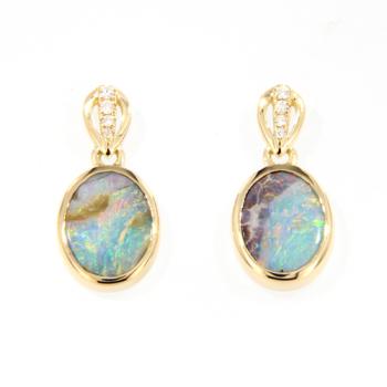 Ovale Boulderopal-Ohrhänger mit Diamanten in 750er Gelbgold