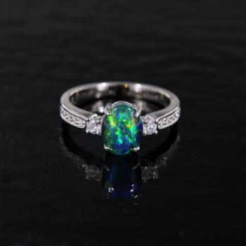 Blue-Green Oval Opal Triplet in Sterling Silver Ring with Zirconias