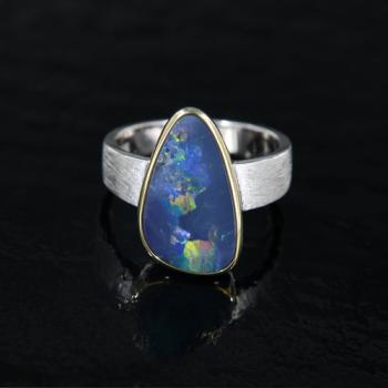 Large Opal Doublet in Sterling Silver Ring with Satin Finish
