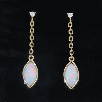 14k Yellow Gold Drop Earrings with Australian Light Opals and Diamonds