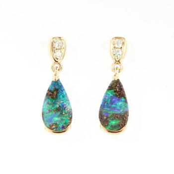 Gelbgold Ohrhänger mit Tropfenförmiger-Boulderopal und Brillianten