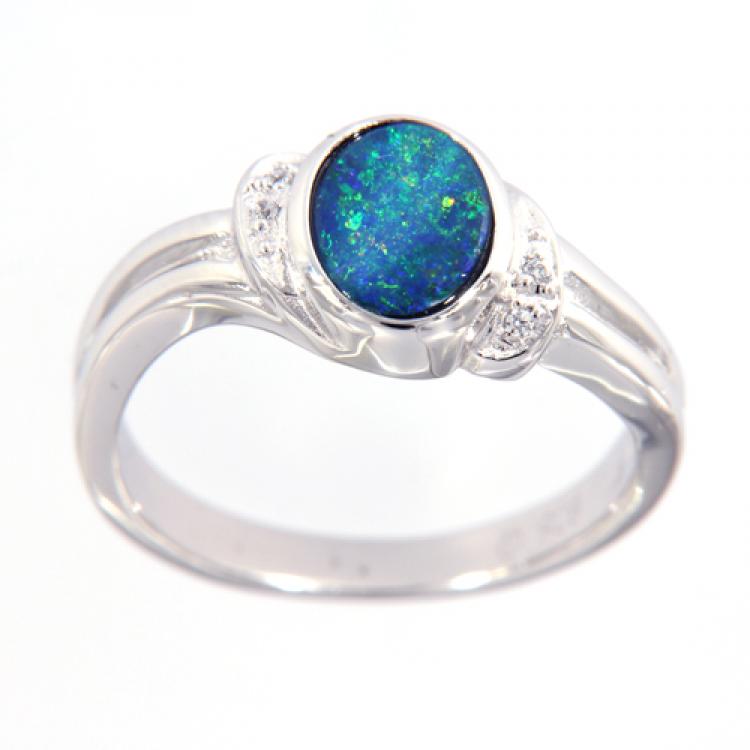 Blue-Green Oval Opal Doublet in Sterling Silver Ring