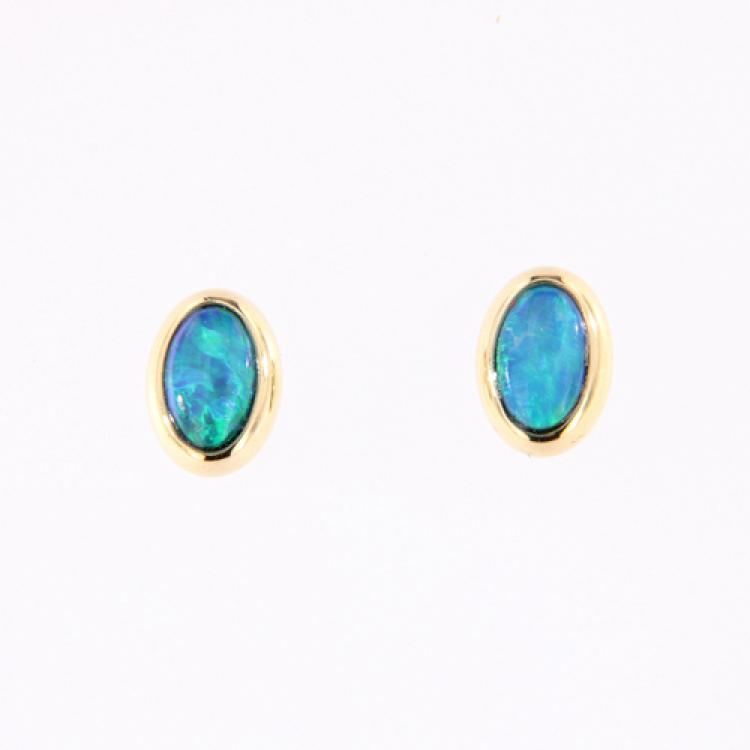 Oval Blue-Green Opal Doublet Stud Earrings in 14kt Gold