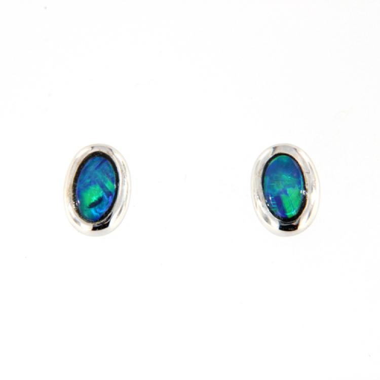 14k White Gold Stud Earrings with Blue-Green Oval Opal Doublets