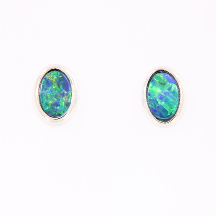 8x6mm 14k White Gold Stud Earrings with Blue-Green Oval Opal Doublets