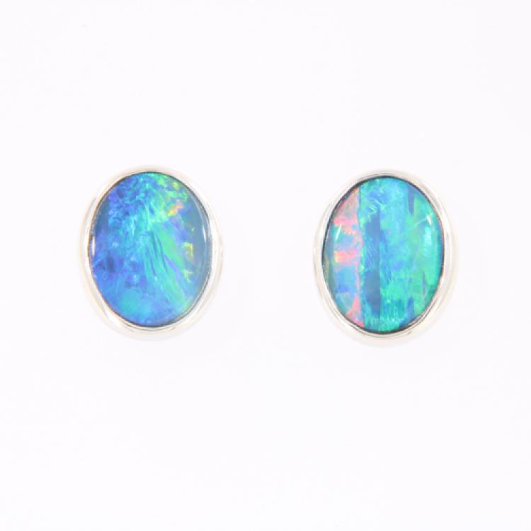 9x7mm 14k White Gold Stud Earrings with Blue-Green Oval Opal Doublets