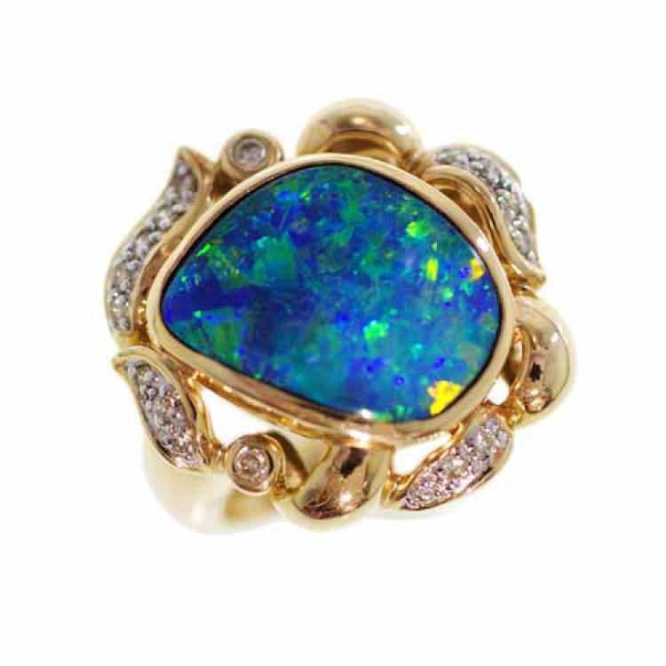 Colorful Opal Doublet in14k Yellow Gold Ring with Diamonds