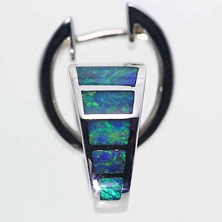 Small Hoop Earrings with Blue-Green Opal Inlay in 18k White Gold