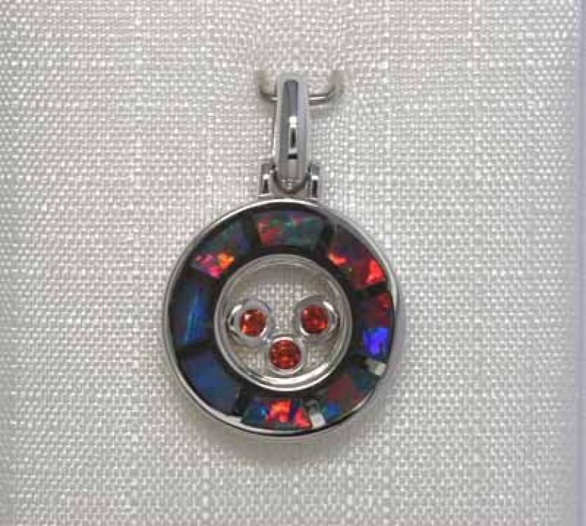 Weißgold-Anhänger mit bunten Opal-Inlay und frei-schwebenden Feueropalen