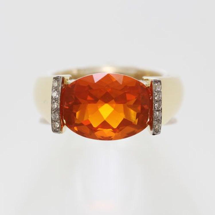 Oval Mexican Fire Opal and Diamonds in 18k Yellow Gold Ring