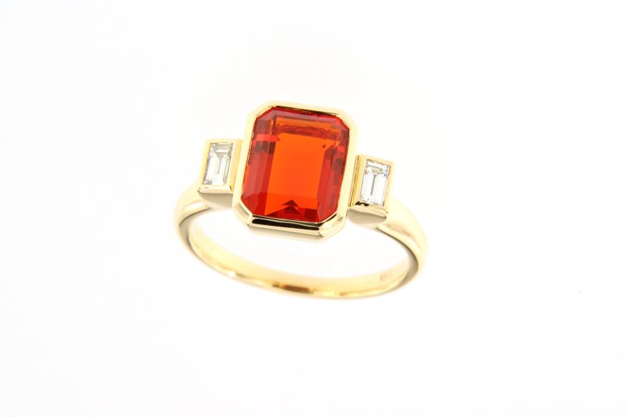 Faceted Mexican Fire Opal with Diamonds in 18k Yellow Gold Ring