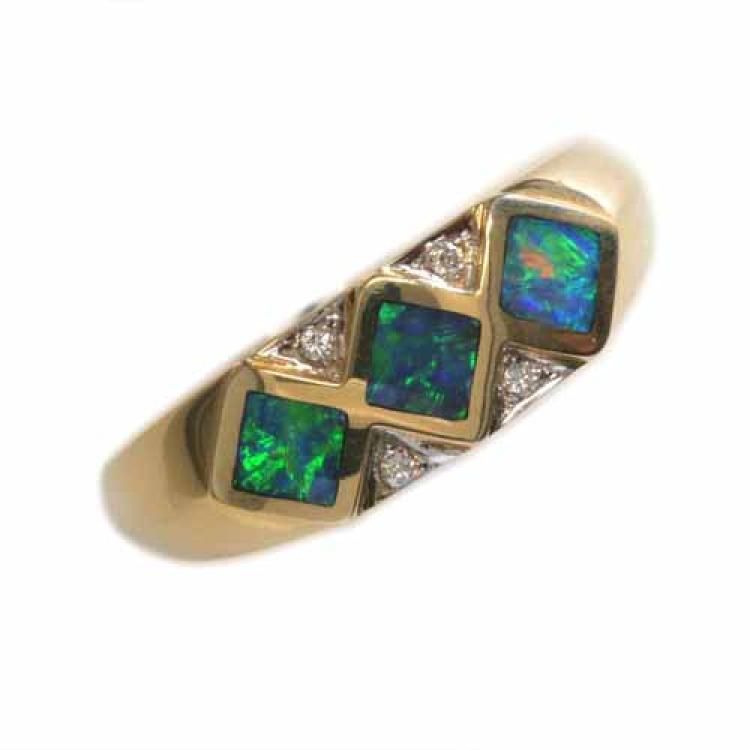 Ring with Blue-Green Opal Inlay and Diamonds in 14k/585 Yellow Gold
