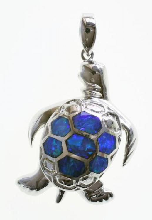 Large Silver Turtle Pandant with Blue Opal Inlay