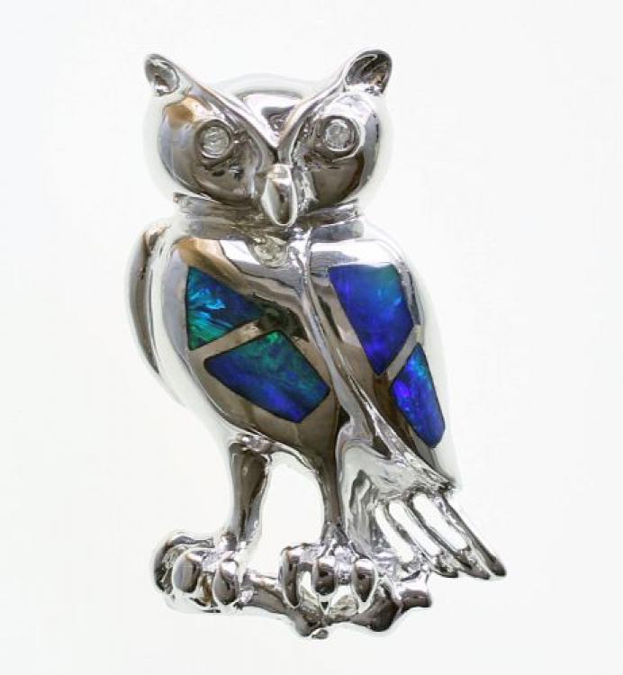 Silver Owl Pendant with Opal Inlay and Zirconia