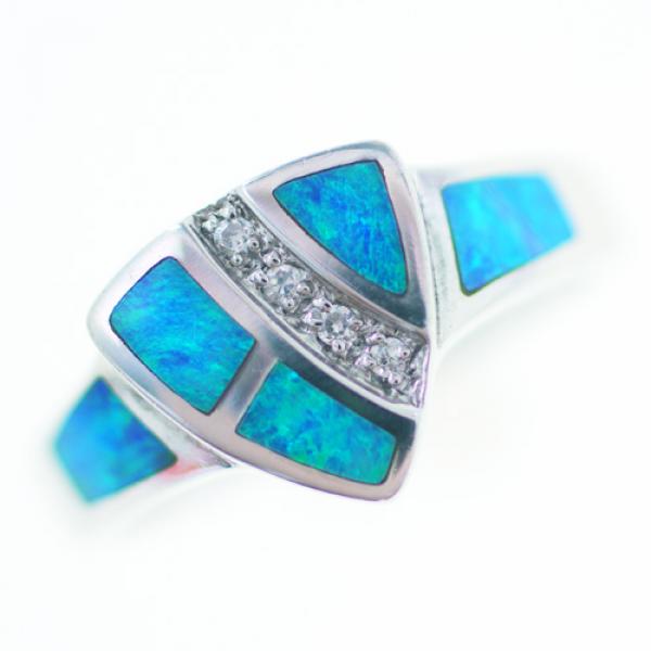 Silver Ring with Blue-Green Opal Inlay and Cubic Zirconia