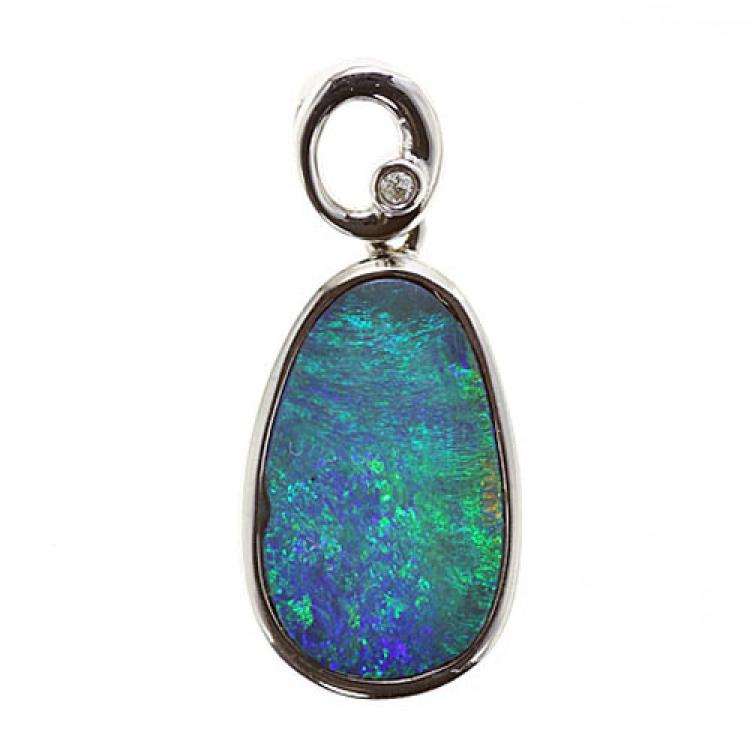 Blue-Green Opal Doublet Pendant in 585 White Gold