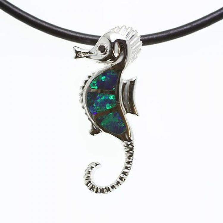 Silver Seahorse Pendant with Opal Inlay and Sapphire