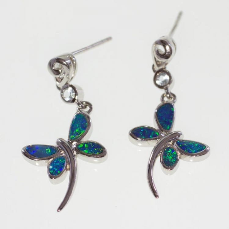 Silver Dragonfly Earrings with Opal Inlay and Zirconia