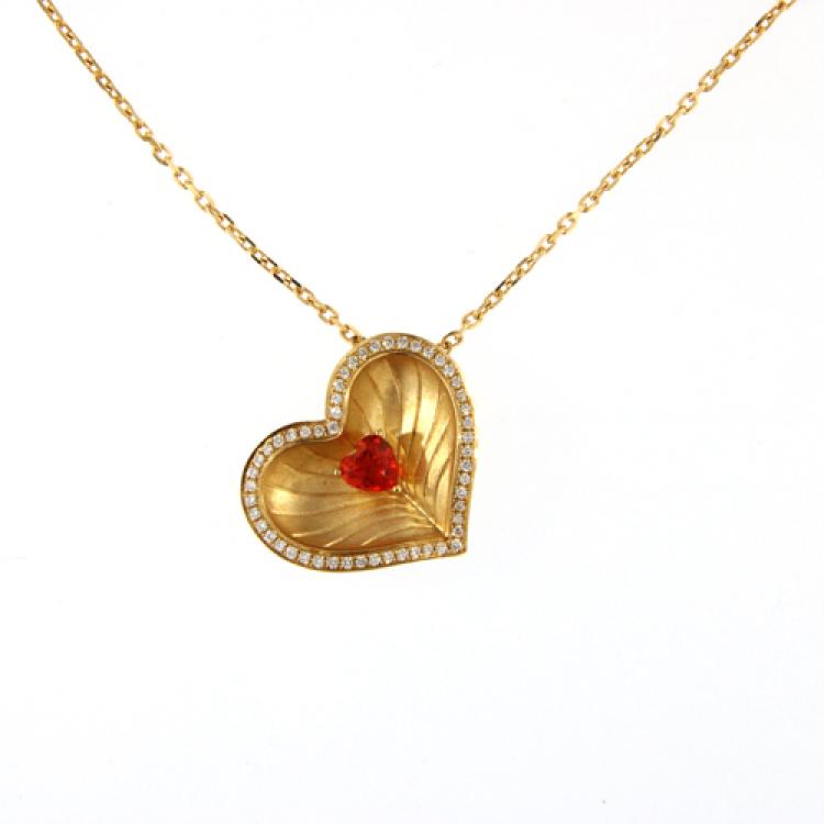 Heart-Shaped 18k Gold Collier Necklace with Mexican Fire Opal and Diamonds