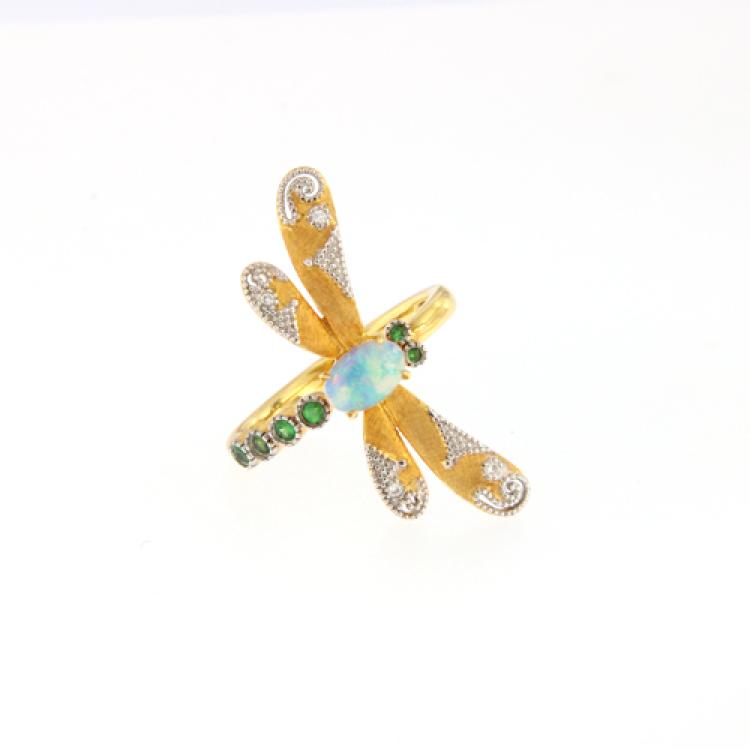 Playful Dragonfly Ring with Crystal Opal and Diamonds