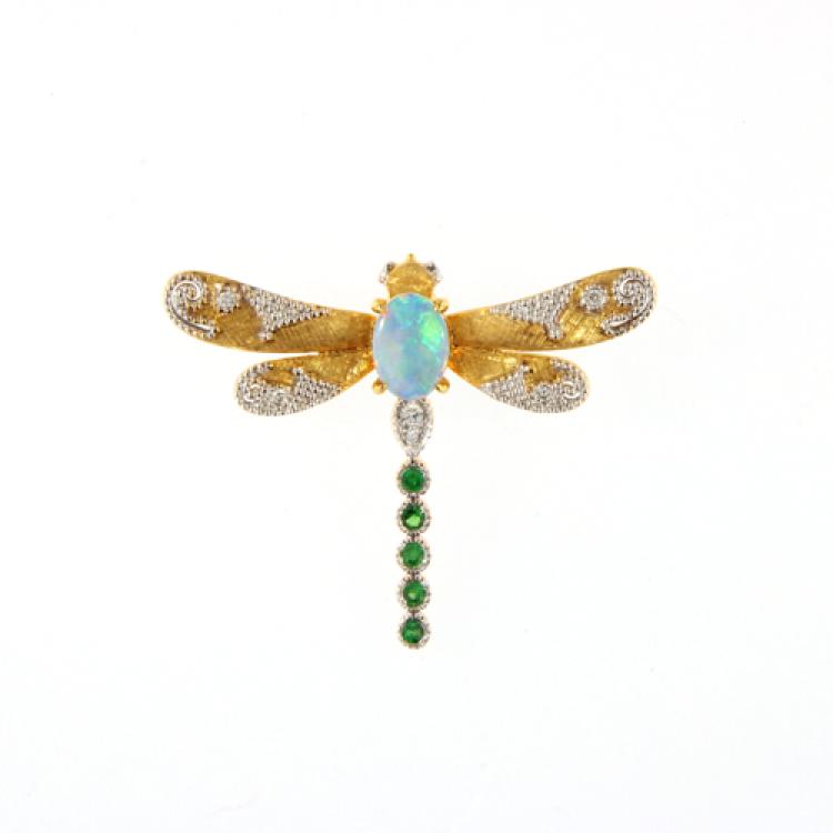 Libellenanhänger mit Kristallopal, Diamanten und grünem Granat