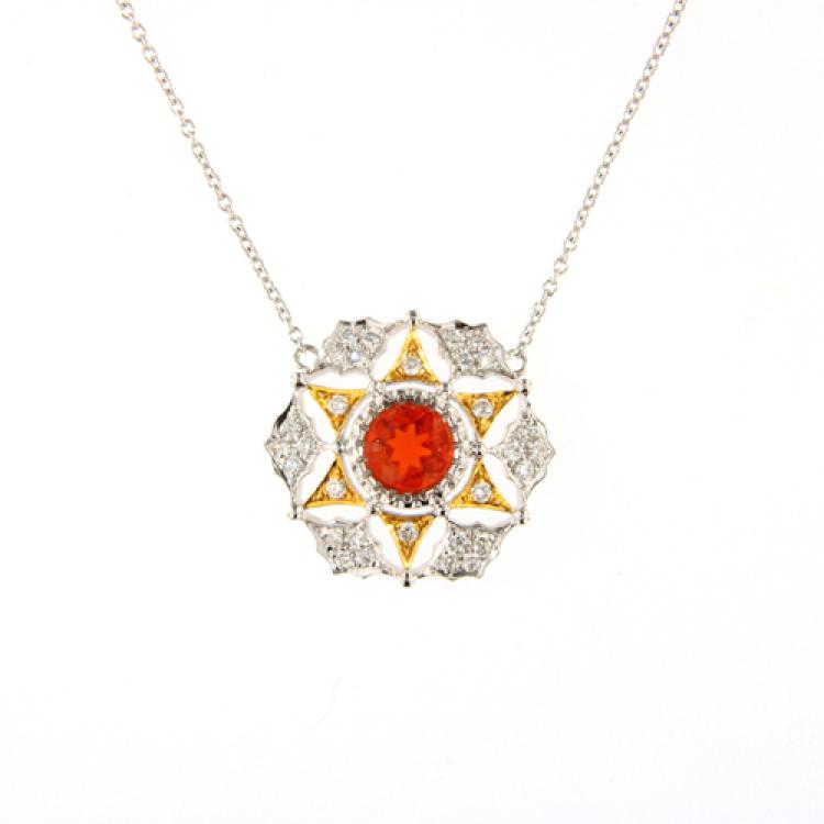 White Gold Collier Necklace with Mexican Fire Opal and Diamonds
