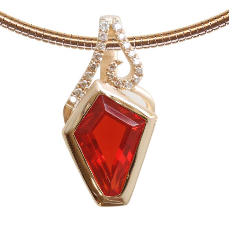 Red Fire Opal and Diamonds in 18k Gold Pendant