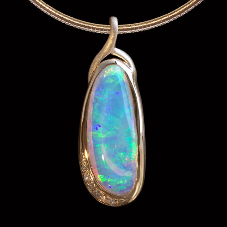 Blue-Green Crystal Opal and Diamonds in Classic 18K Gold Pendant
