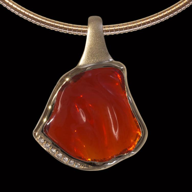 Red Mexican Fire Opal Freeshape and Diamonds in Yellow Gold Pendant