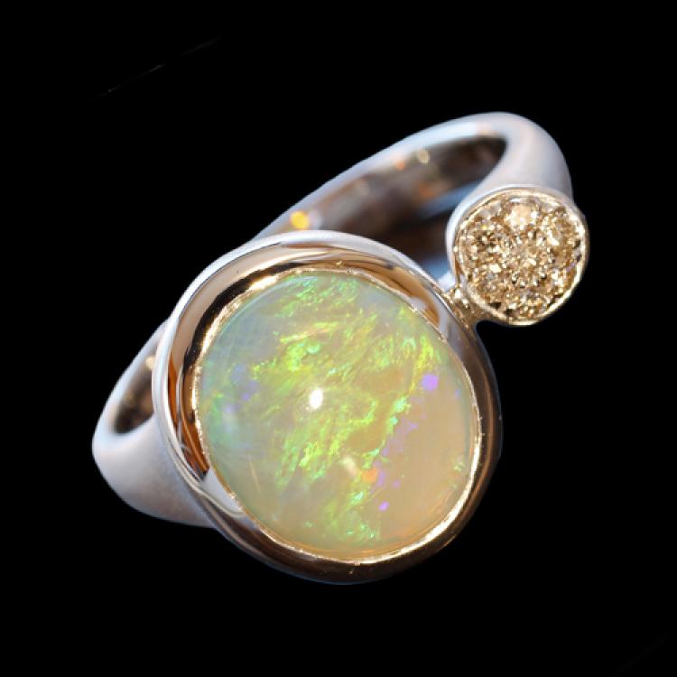 Matte 18k White Gold Ring with Australian Light Opal and Diamonds