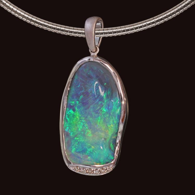 Australian Crystal Opal in 18K White Gold Pendant